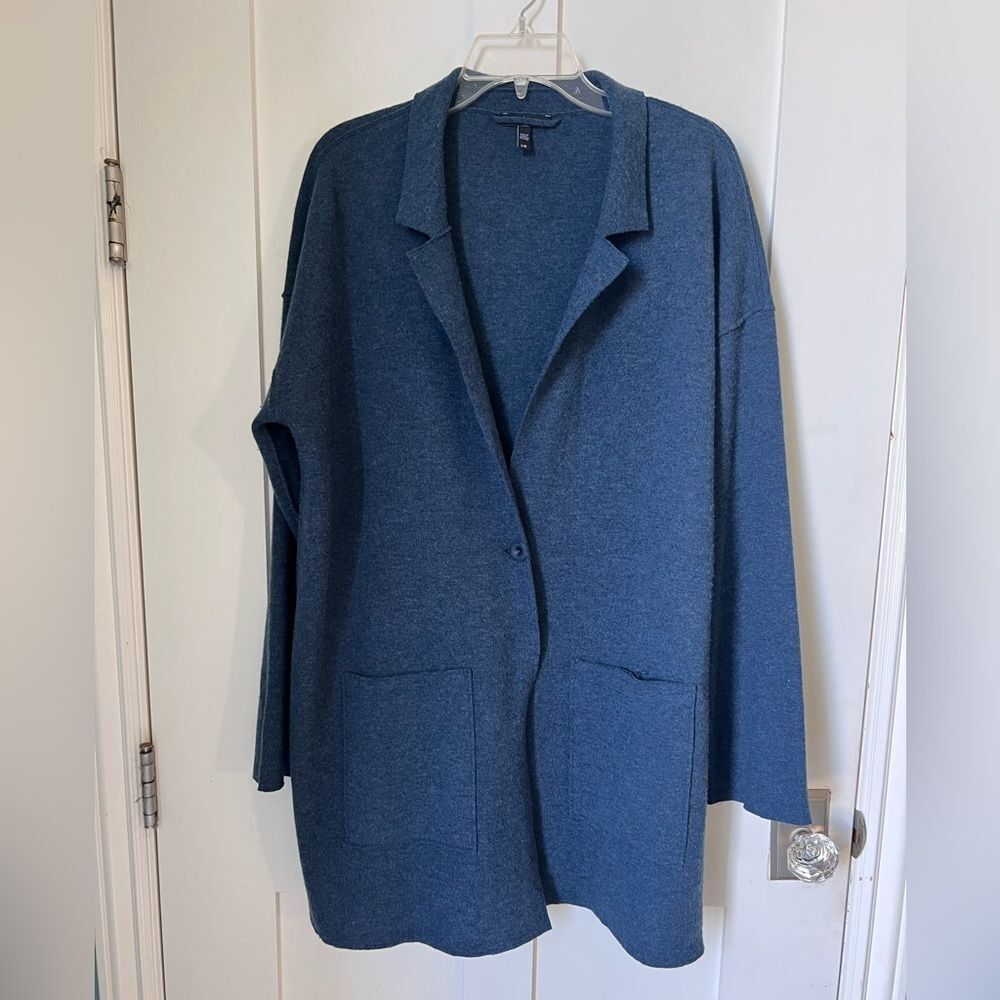 Eileen Fisher Merino Wool Double Knit Notch Collar Deep Blue Sweater Cardigan L - Picture 10 of 10